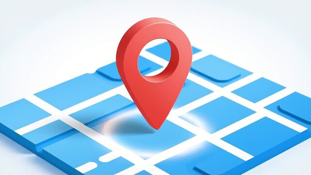 Red location pin dropping on isometric blue map