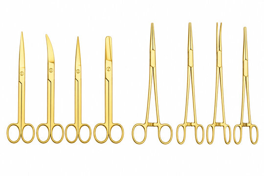 Collection of gold surgical scissors and forceps isolated on a pure white background with no shadow.