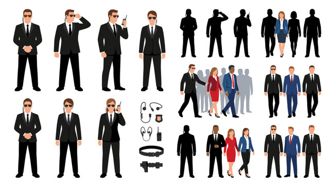 Set of vector collection featuring different male and female bodyguards, wearing black suits and sunglasses, protecting VIP clients, using communication earpieces, escorting important people