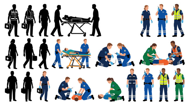 Set of vector collection featuring different male and female paramedics, wearing emergency medical uniforms, carrying first aid kits, transporting stretchers, performing emergency response