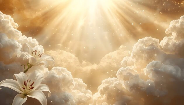 White lilies in golden heaven clouds. Ethereal flowers with divine light rays in sky.