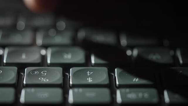 Close-up male hands typing on black keyboard, cinematic shot camera smoothly slides parallel to keys. Detailed footage of remote work, business communication, digital workflow indoors at night