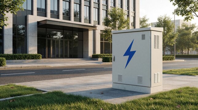 White metal electrical cabinet stands on city sidewalk near modern office building. Utility box features blue lightning bolt sign representing power distribution grid. Industrial equipment provides