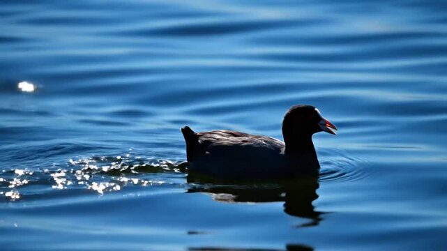 Graceful coot elegantly gliding across the shimmering blue water with sunlight reflections on the surface of the lake