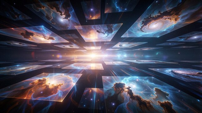 Abstract cosmic background with glowing geometric panels in deep space. Radiant light streaks connect multiple galaxy nebula visions across dark void. Surreal portal shows infinite universe