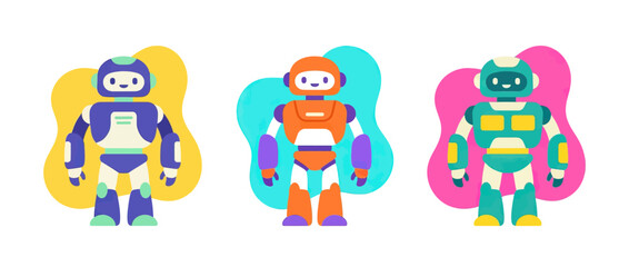 Fototapeta premium Three colorful cartoon robots standing against abstract organic shapes on white background