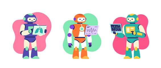 Fototapeta premium Robots displaying medical data, lungs x-ray, ekg, medical chart, futuristic healthcare concept, science, technology