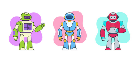 Fototapeta premium Three cartoon robots in different colors and styles, waving and standing, with colorful abstract blobs in the background.