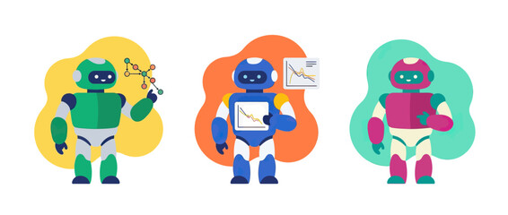 Fototapeta premium Three cartoon robots with organic shapes in background, one holding molecular structure, another with charts, one isolated.