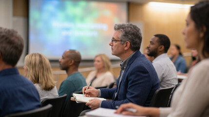 Fototapeta premium Adult Learner Concentrates in a Modern University Lecture