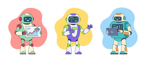 Fototapeta premium Three friendly robots presenting financial charts and graphs on a white background, with colorful blobs behind them.