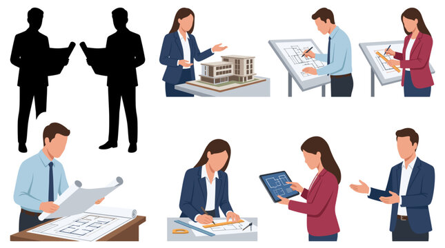 Set of vector collection featuring different male and female architects, holding architectural blueprints, reviewing building models, sketching designs, using drafting tools