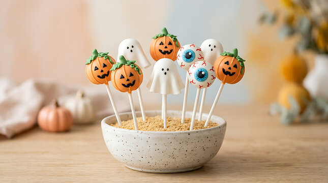Colorful donut holes with orange and pink icing in a white bowl on a wooden table