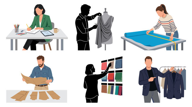 Professional vector collection featuring different male and female architects, holding architectural blueprints, reviewing building models, sketching designs, using drafting tools