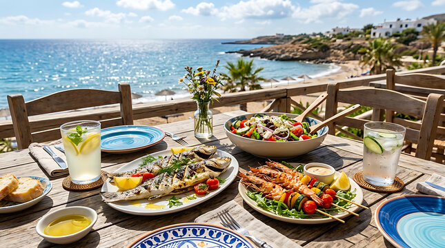 Colorful market scene with fresh fruits and vegetables displayed on tables near ocean view