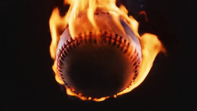 Burning baseball held in flame, hot sport game concept of fire, smoke and sports equipment in dark background