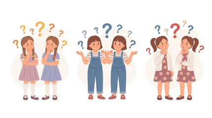 Three pairs of young girls contemplating with question marks above their heads, illustrating confusion and curiosity.