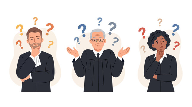 Confused judges and lawyers with question marks above their heads, legal dilemma, uncertainty, law concept