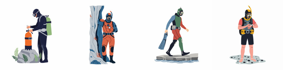 Professional scuba divers in various gear and poses, including maintenance, exploring, and preparing for a dive, flat vector illustration. © Nadya