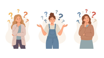 Fototapeta premium Three women thinking with question marks above their heads, illustration of confusion and decision making