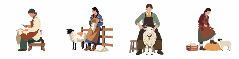 Flat vector illustration set of farmers and workers engaged in traditional sheep shearing and wool production on a clean white background. © Nadya