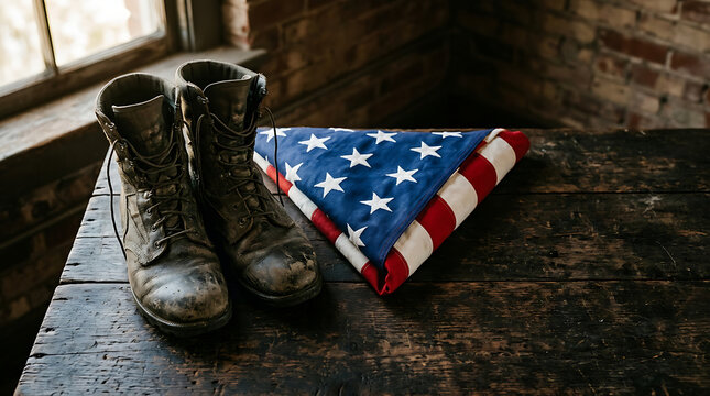 American flag draped over a rustic wooden barrel in dim lighting