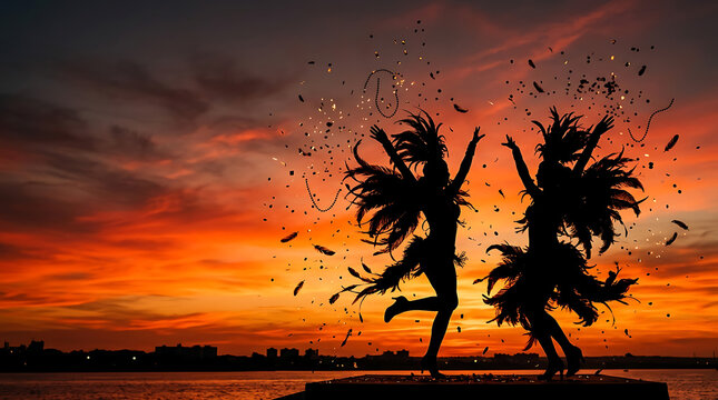 Silhouette of two people embracing at sunset near water with fireworks display