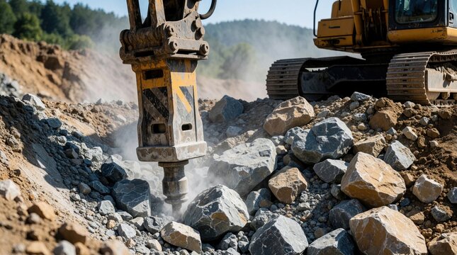 Heavy hydraulic hammer attached to excavator crushes large rocks on dusty construction site. Industrial digger breaks boulders clearing ground for new building or road project.