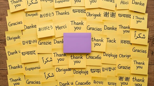 A collection of yellow sticky notes with handwritten thank you messages and a purple note in center