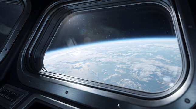 View of planet earth from inside metallic spacecraft window port.