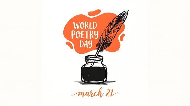 World poetry day concept with an inkwell and a quill pen illustration on a white background