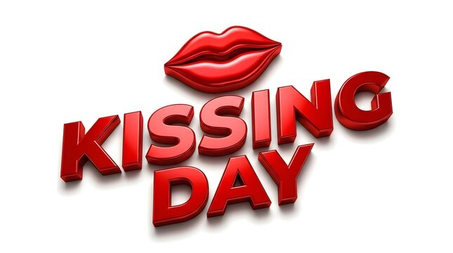 International kissing day text design with red glossy lips isolated on a white background for holiday celebration