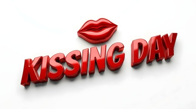 Red metallic 3d text reading kissing day with a glossy lip icon isolated on white background