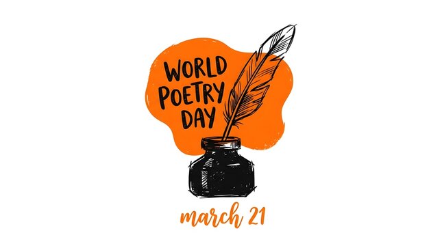World poetry day illustration with an inkwell and quill pen on an orange background for literary events