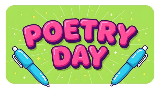Colorful poetry day text design with blue pens on a bright light green background for celebration