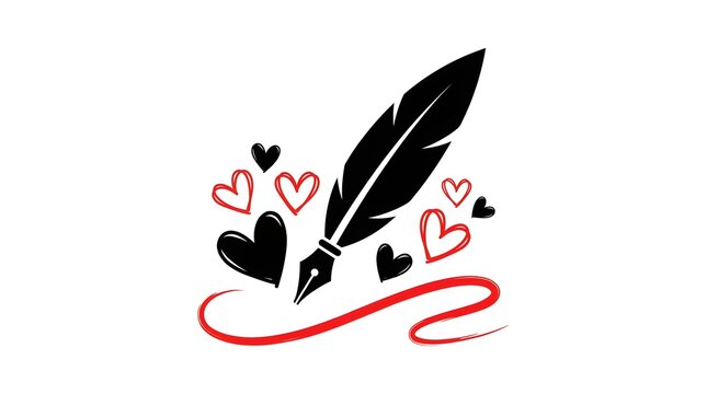 A decorative illustration featuring a vintage quill pen drawing a red line surrounded by various heart shapes