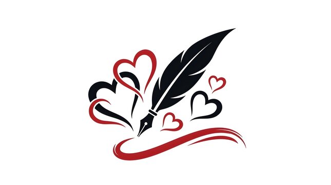 Vintage fountain pen drawing with decorative red and black hearts isolated on a white background
