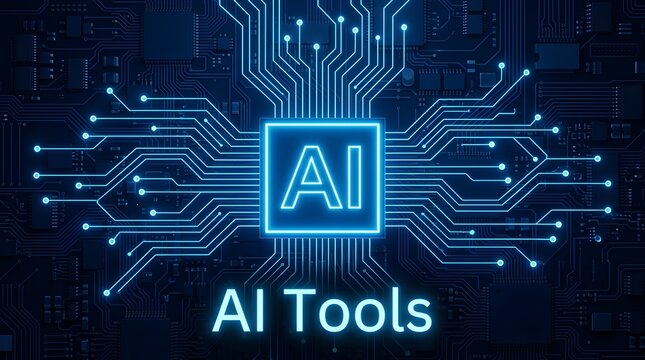 Glowing blue circuit board with central AI chip and "AI TOOLS" text radiating traces on dark blue background