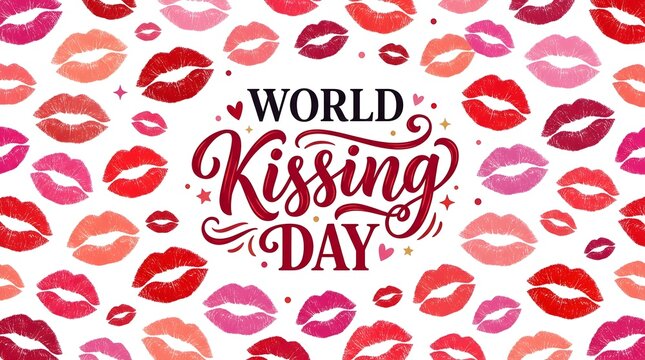 World kissing day background with colorful lipstick kiss marks and elegant typography on white backdrop