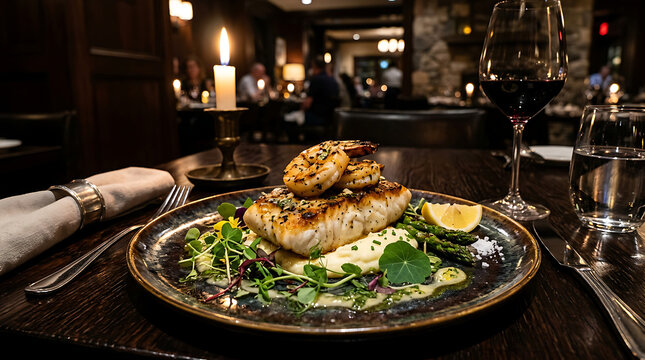 Beautiful restaurant table with gourmet meal and fresh salad under warm ambient lighting