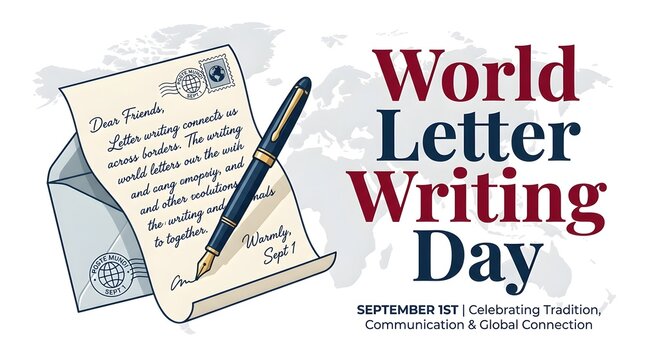 World letter writing day concept with a fountain pen and a handwritten letter inside an envelope