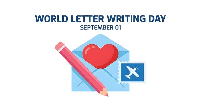 World letter writing day celebration concept with a red heart inside an envelope and a pencil illustration
