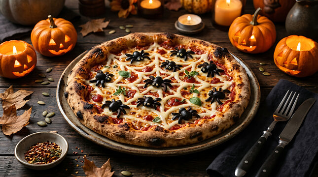 Delicious pumpkin spice pie on rustic wooden table with autumn decorations and candles