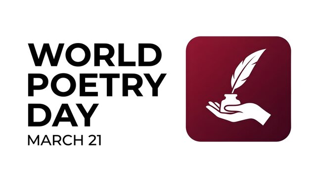 World poetry day celebration banner with a hand holding a quill pen icon on a white background