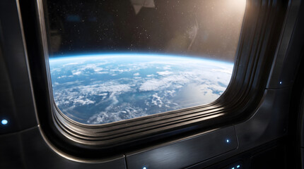 Naklejka premium Beautiful planet earth sunrise view from spaceship cockpit window.