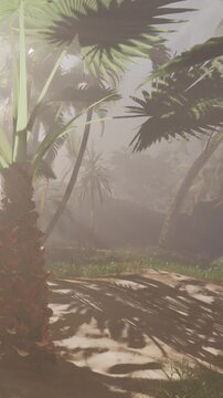 Morning light streams through palm trees in a dense forest setting. Mist hangs in the air, creating a soft glow around the greenery. Shadows dance on the ground as nature awakens.