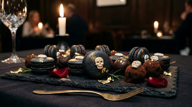 Elegant wine glasses and candles on a dark wooden table with red roses