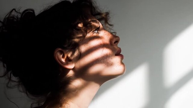 Woman's face with dramatic window blind shadow patterns.