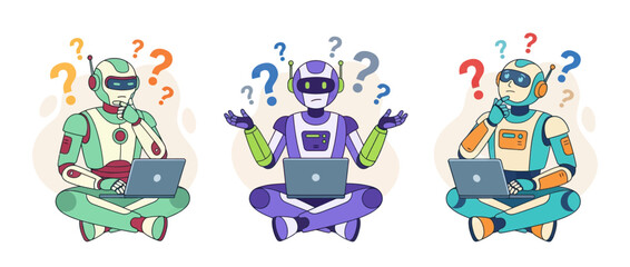 Fototapeta premium Robots Thinking with Question Marks Above Heads, Working on Laptops, Concept of Confusion and Problem Solving