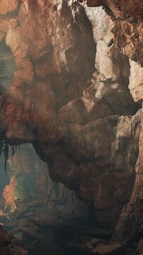 People walk through a cave surrounded by large rock formations. The light shines in from above, creating shadows on the walls. The scene shows natures beauty and texture.